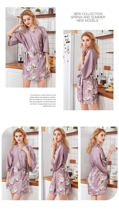 Silk Crane Pajama Girl Summer Mid Sleeve Bride Morning Robe Big Yard Home Robe Bathrobe Color78