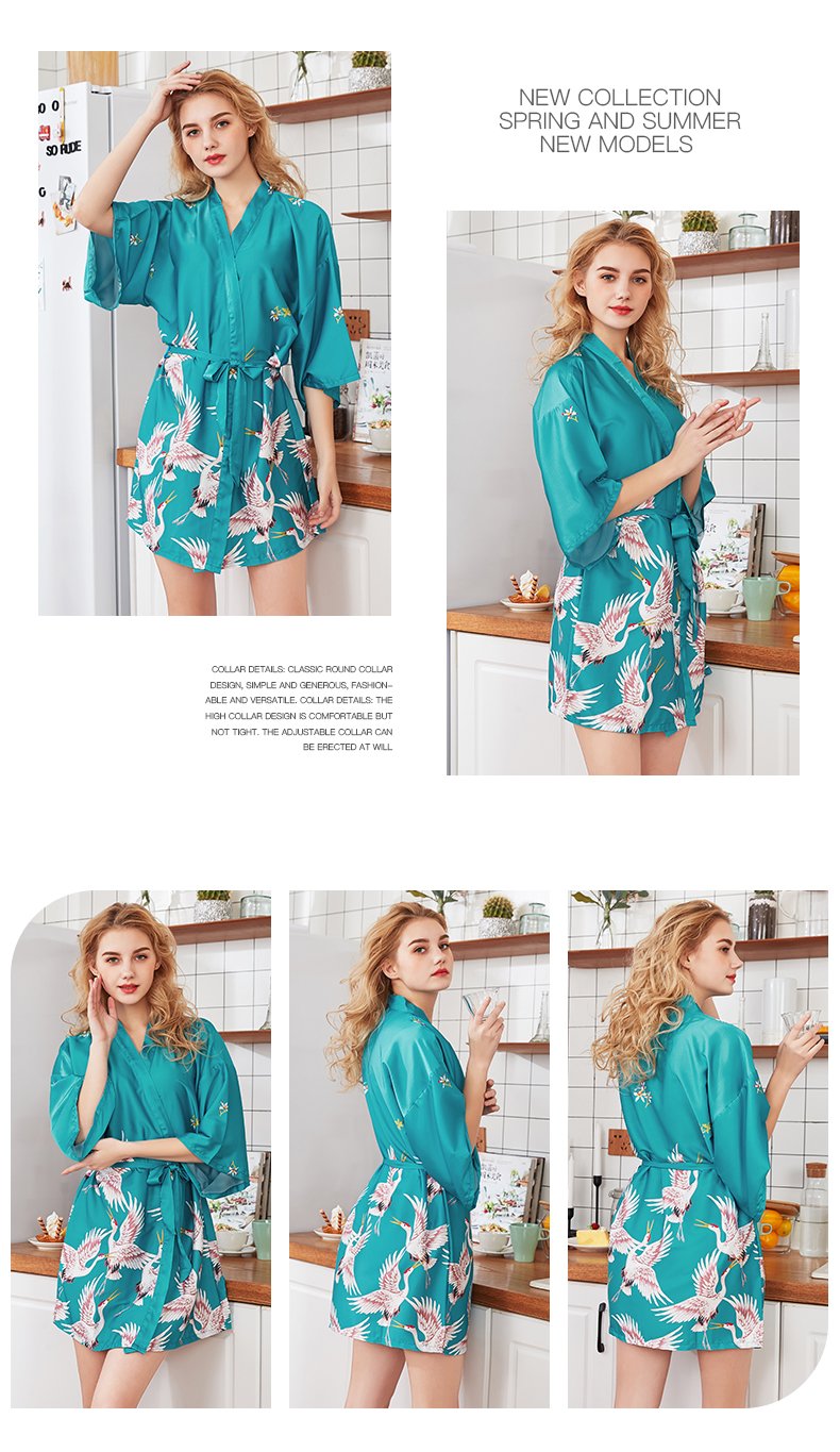 Silk Crane Pajama Girl Summer Mid Sleeve Bride Morning Robe Big Yard Home Robe Bathrobe Color78