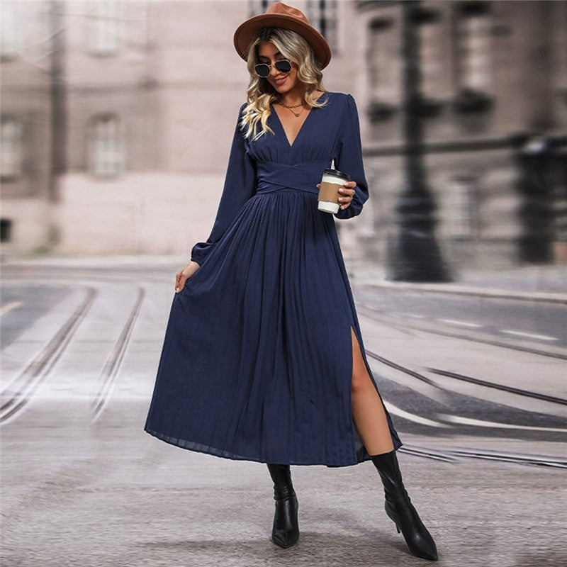 Women's V-Neck Waist Lantern Sleeve Dress