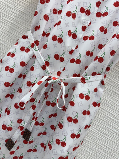 LV 25S Cherry Printed Dress White Red Poliester