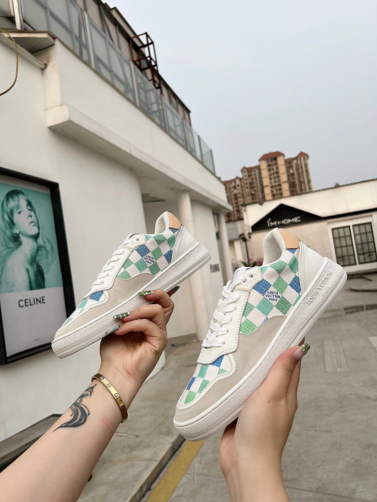 LV Groovy Sneaker White Blue Green Damier Canvas Suede 597683