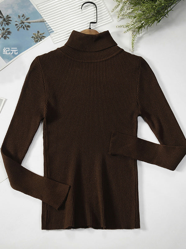 Casual Long Sleeves Skinny Solid Color High-Neck Sweater Tops