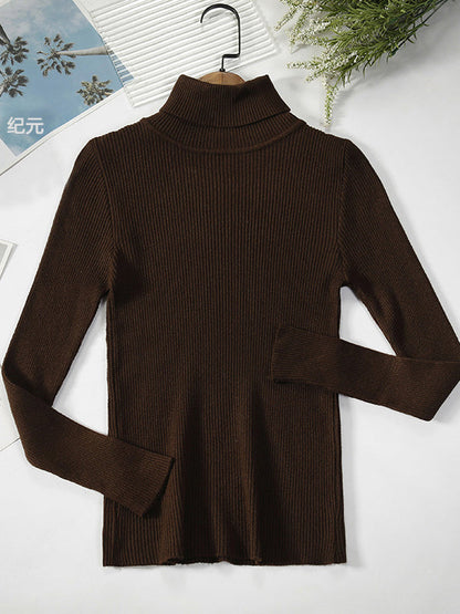 Casual Long Sleeves Skinny Solid Color High-Neck Sweater Tops