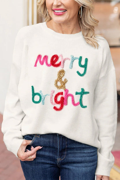 White Glitter Merry \u0026 Bright Round Neck Knit Sweater