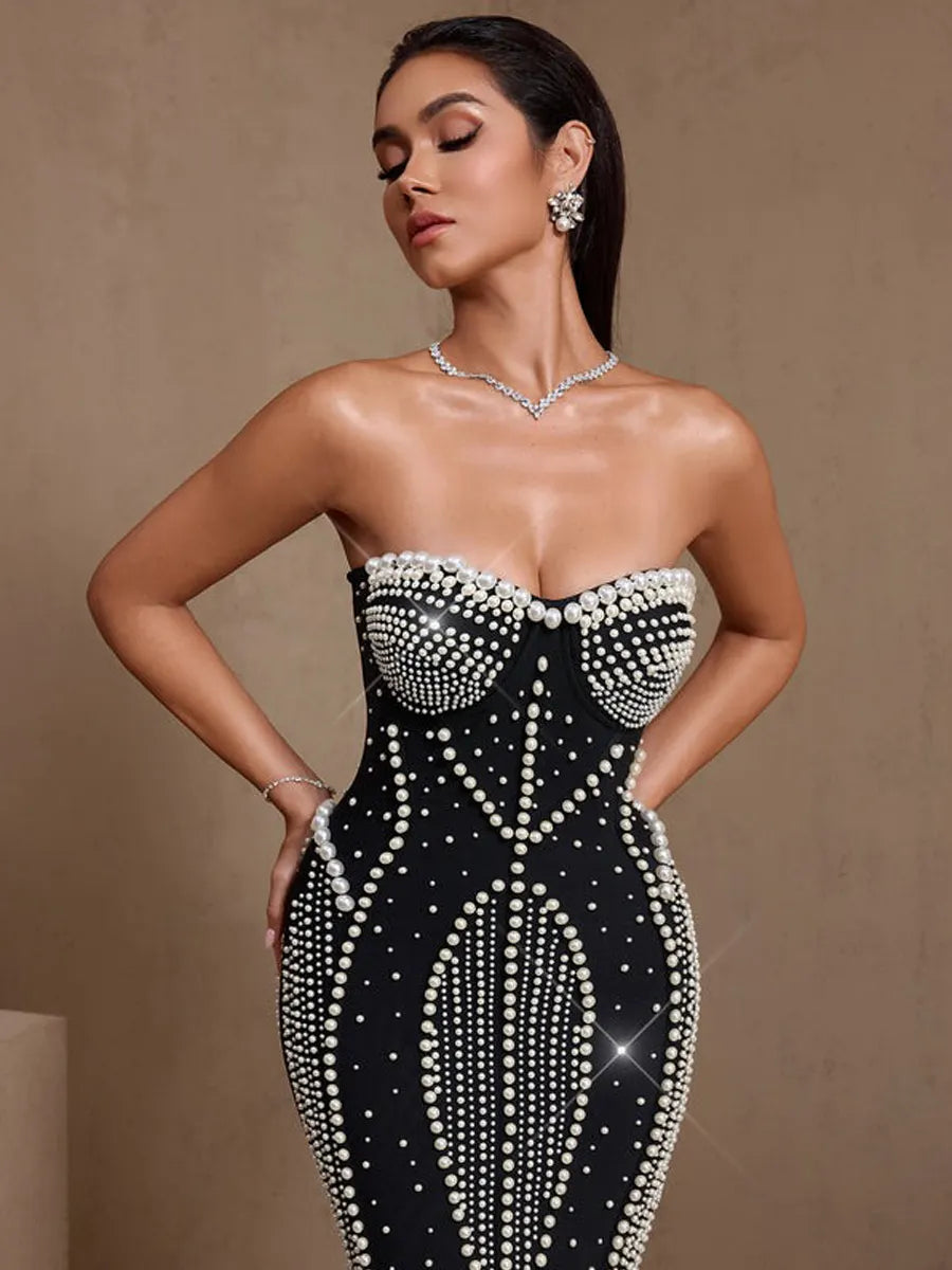 Katia Pearl Embroidered Fishtail Bandage Maxi Dress