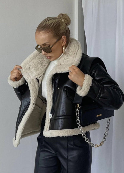 Faux Leather Jacket With Shearling Lining And Cropped Fit
