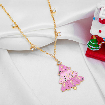 Rhinestone Christmas Tree Pendant Necklace Earrings Set