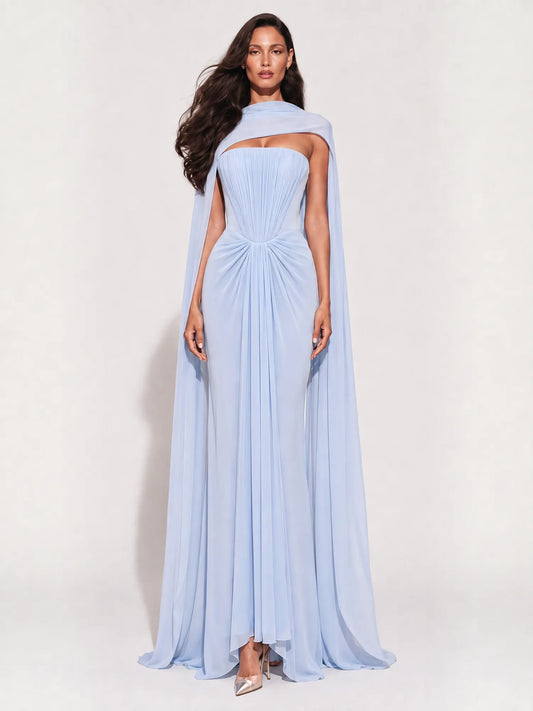Ellie Pleated Strapless Draped Maxi Dress