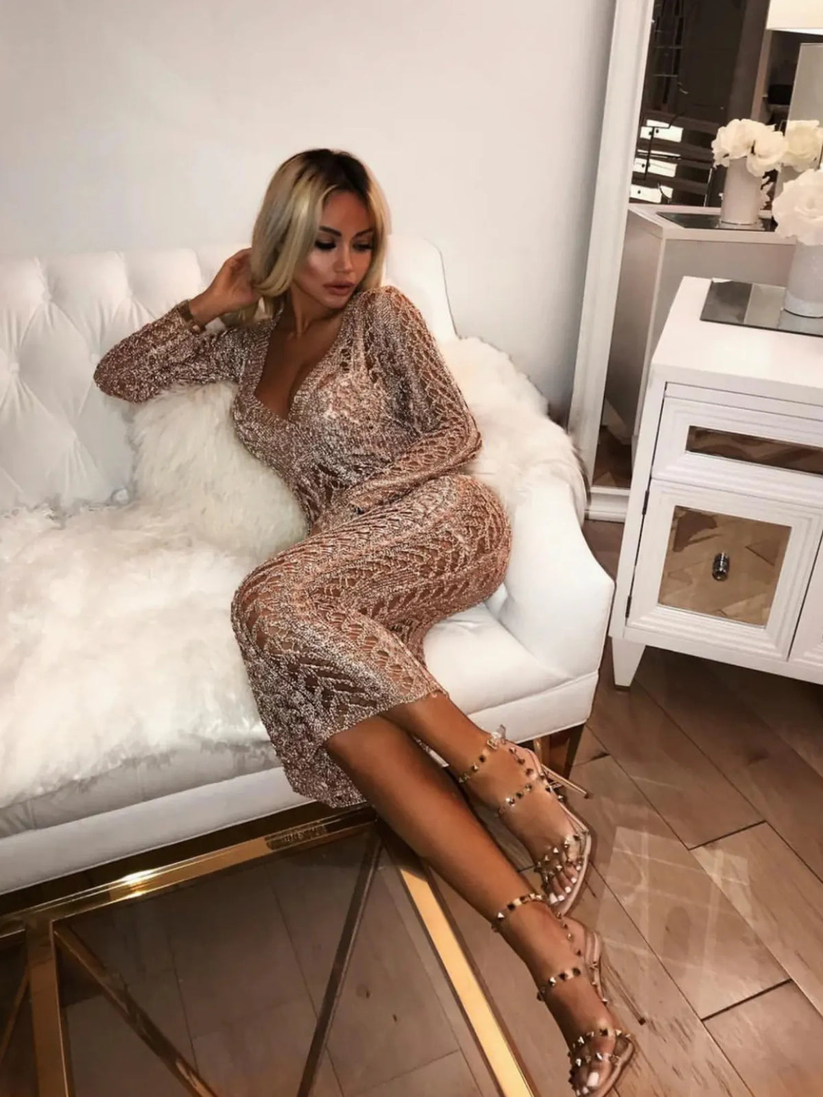 Aurelia Crochet Plunge Midi Dress