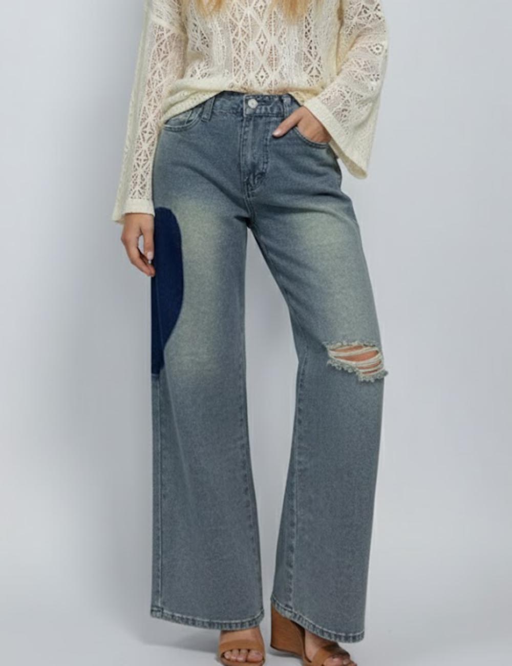 Splicing Heart Distressed Low Rise Straight Leg Jeans