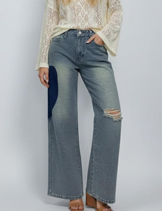 Splicing Heart Distressed Low Rise Straight Leg Jeans