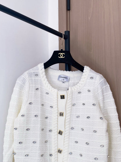 Chanel 2025 Cardigan With Rhinestone Embellishment White Wool