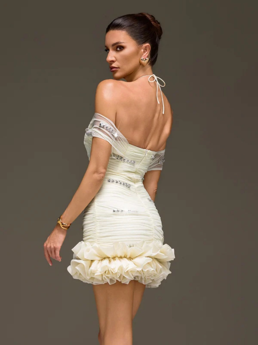 Isla Ivory Off-Shoulder Crystal-Embellished Ruched Mini Dress