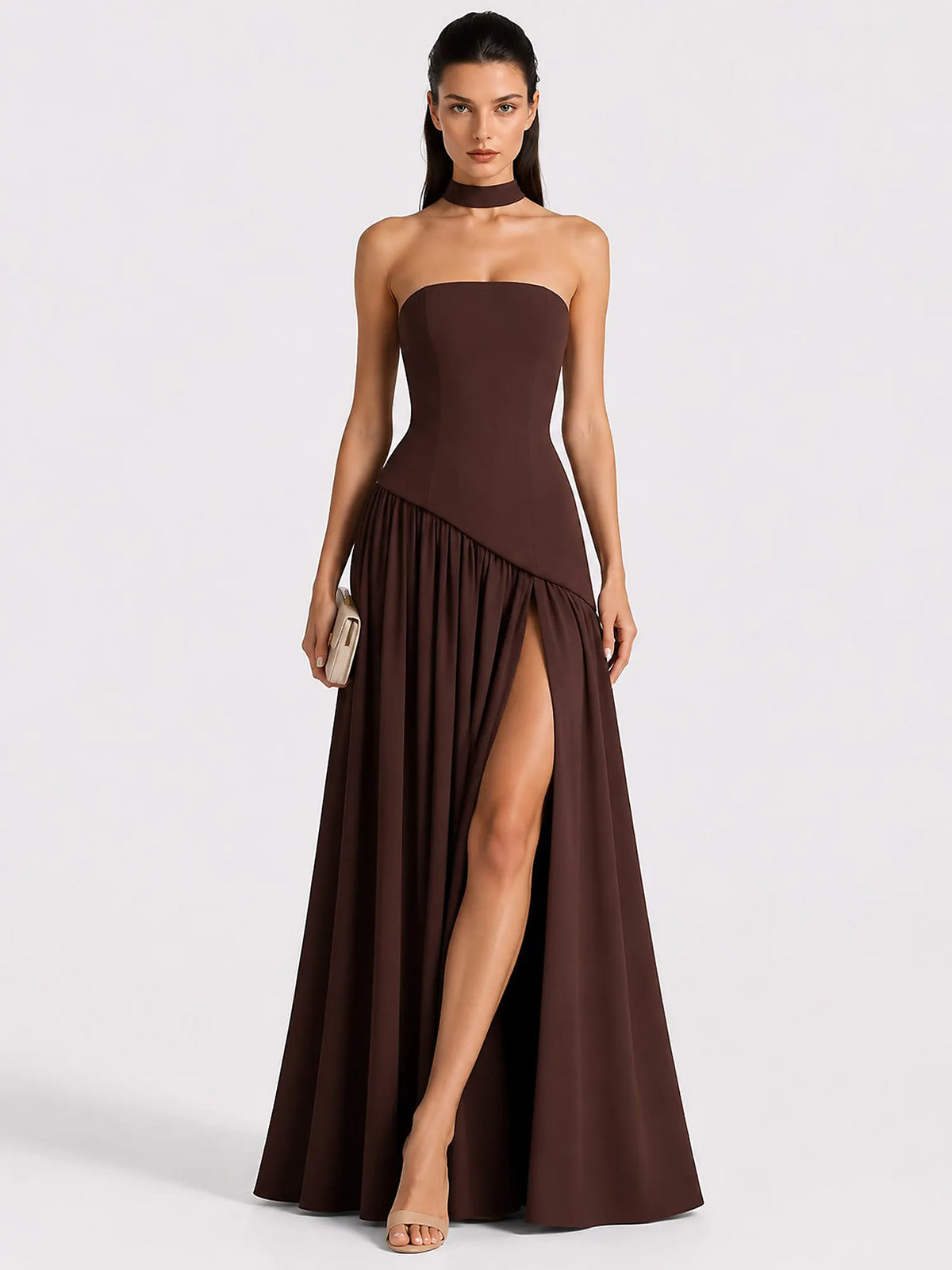 Celeste Strapless Ruched Slit Maxi Dress In Brown