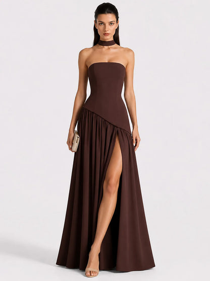 Celeste Strapless Ruched Slit Maxi Dress In Brown