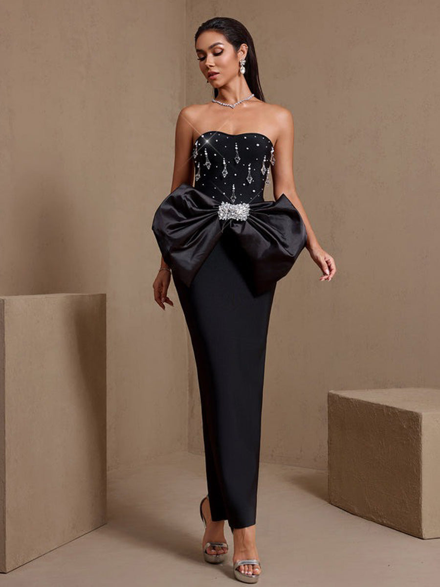 Kalina Huge Bow Crystal Strapless Bandage Maxi Dress