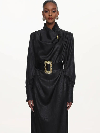Azariah Cowl Neck Long Sleeve Belted Maxi Dress