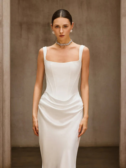 Brianna Corset-Style Satin Draped Maxi Dress in White