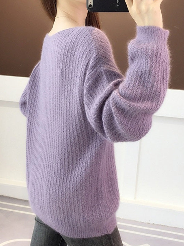 Simple Casual Loose 4 Colors Round-Neck Long Sleeves Sweater Top