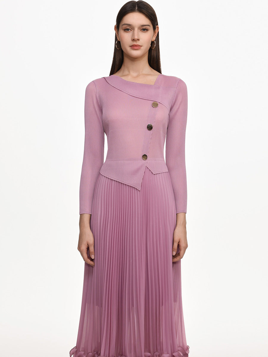 Imelda Flowy Long Sleeve Ruffle Pleated Knit Maxi Dress
