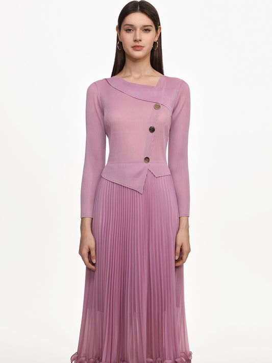 Imelda Flowy Long Sleeve Ruffle Pleated Knit Maxi Dress