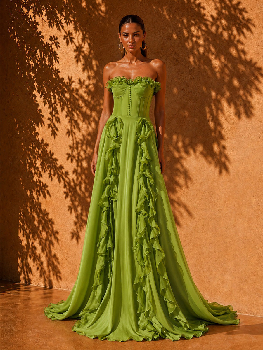 Vivian Pleated Ruffled Maxi Dress In Green