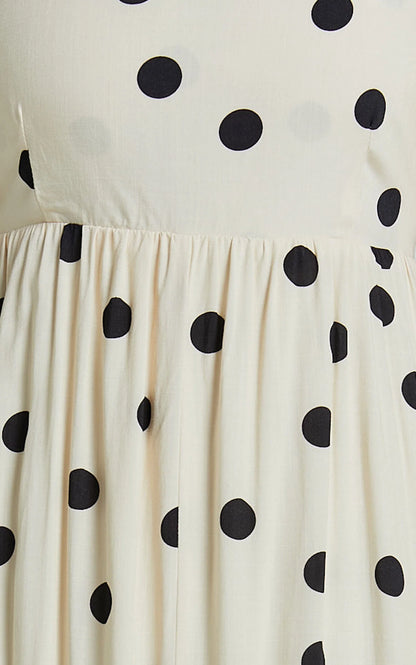 Miriam Midi Linen Dress - Strappy Straight Neck A Line Dress in Beige & Black Spot