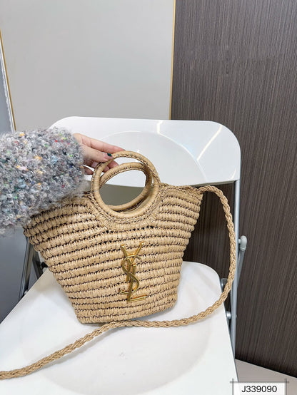YSL SAINT LAURENT Raffia Woven Tote Bag For Summer Vacation Beach 30x20cm