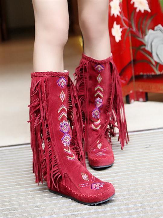 Spring And Autumn Women S Boots New Fashion Ethnic Fashion Casual Fringed Boots With Flat-Bottomed Boots