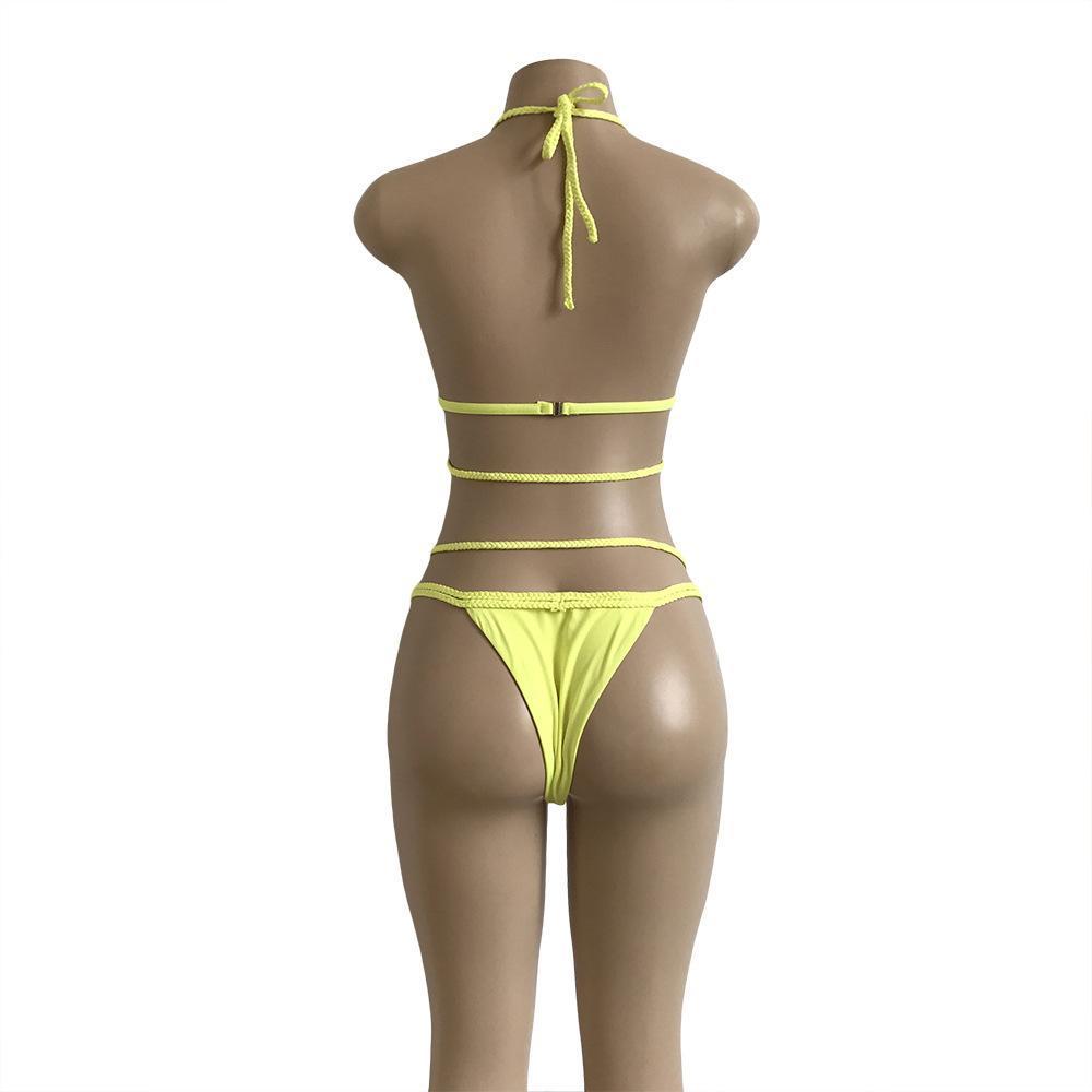 Strap Knit Button Back Bikini Swimsuit With 14 Colors