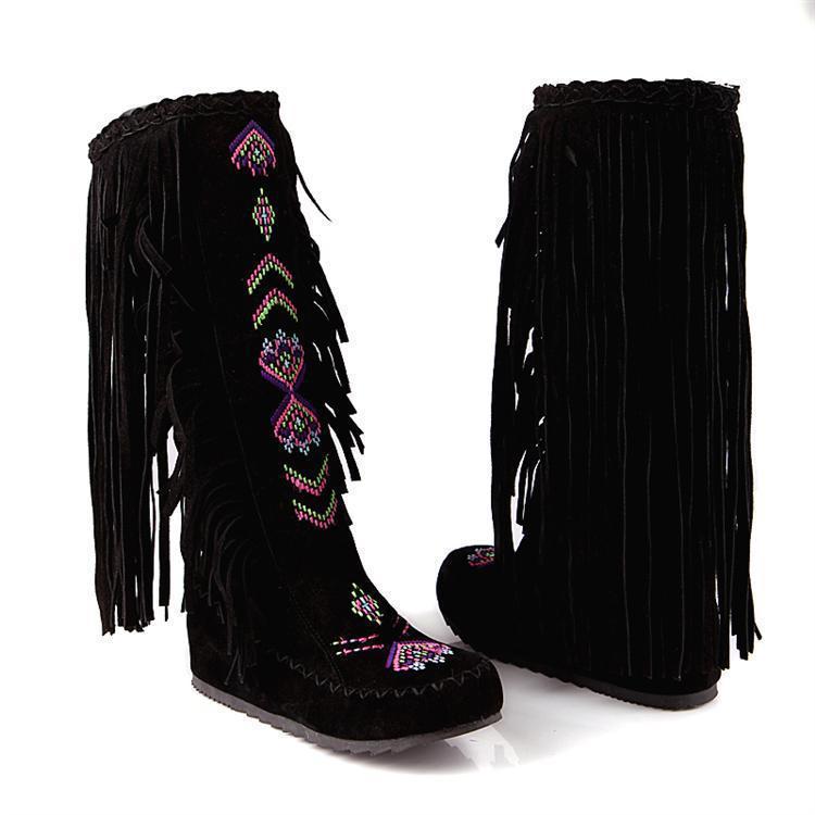 Spring And Autumn Women S Boots New Fashion Ethnic Fashion Casual Fringed Boots With Flat-Bottomed Boots