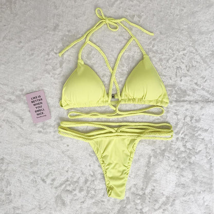 Strap Knit Button Back Bikini Swimsuit With 14 Colors