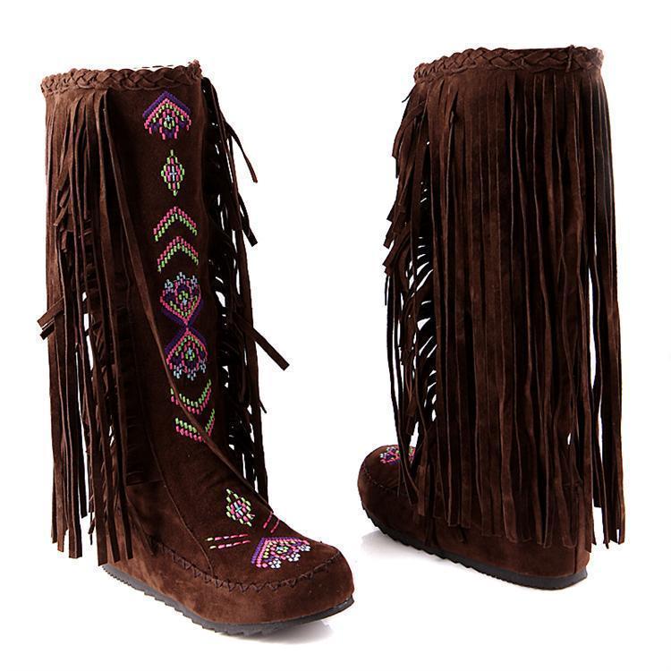 Spring And Autumn Women S Boots New Fashion Ethnic Fashion Casual Fringed Boots With Flat-Bottomed Boots