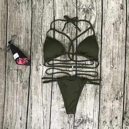 Strap Knit Button Back Bikini Swimsuit With 14 Colors