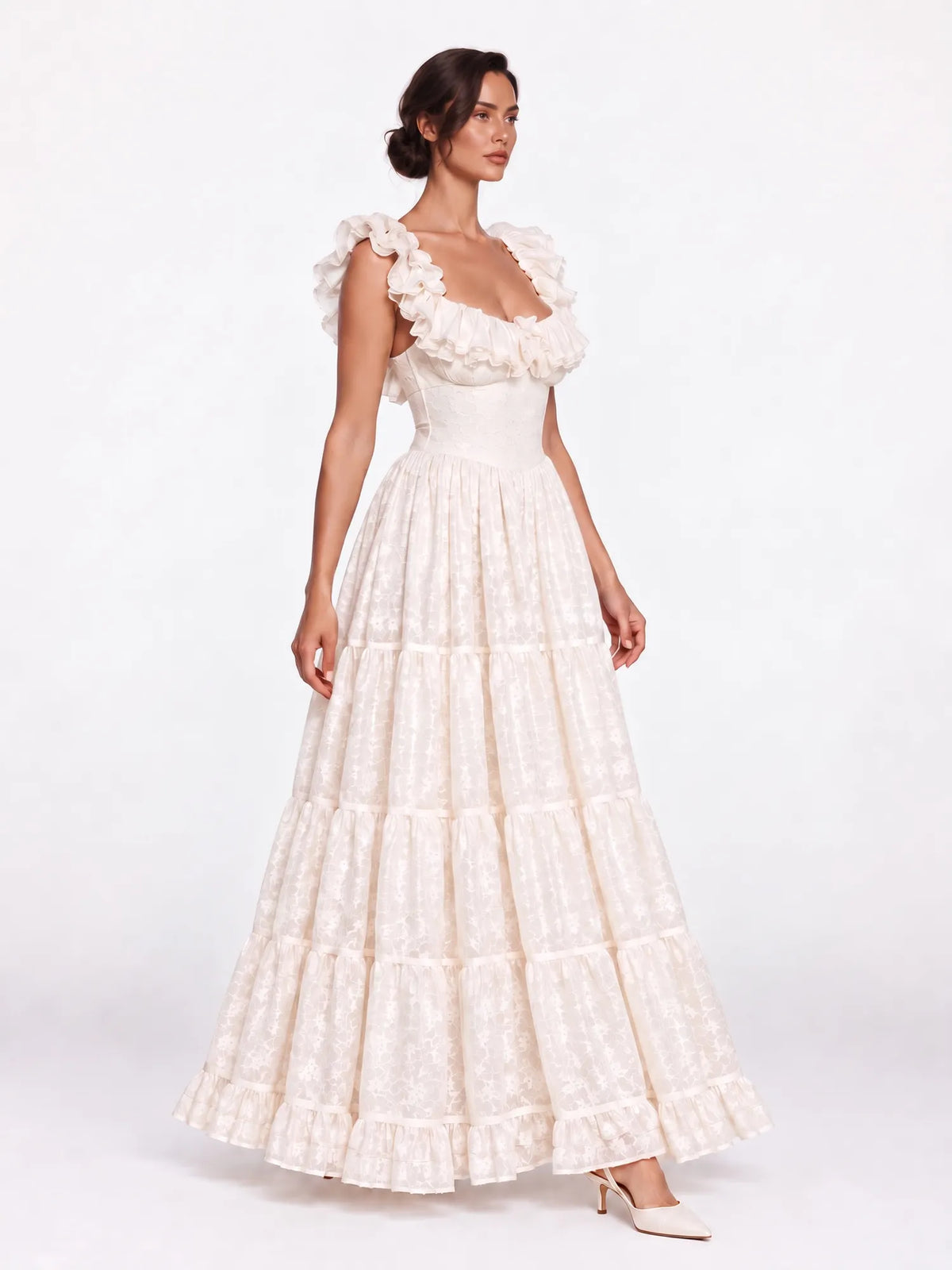 Elise Ruffled Lace-Trim Maxi Dress