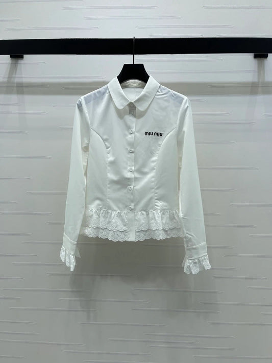 Miumiu 2026 Lace Embroidered Long-Sleeve Shirt Black and White Polyester 356380