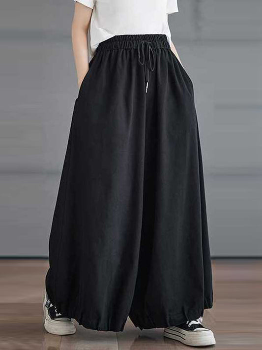 High Waisted Loose Drawstring Elasticity Pleated Pockets Culotte Knickerbockers