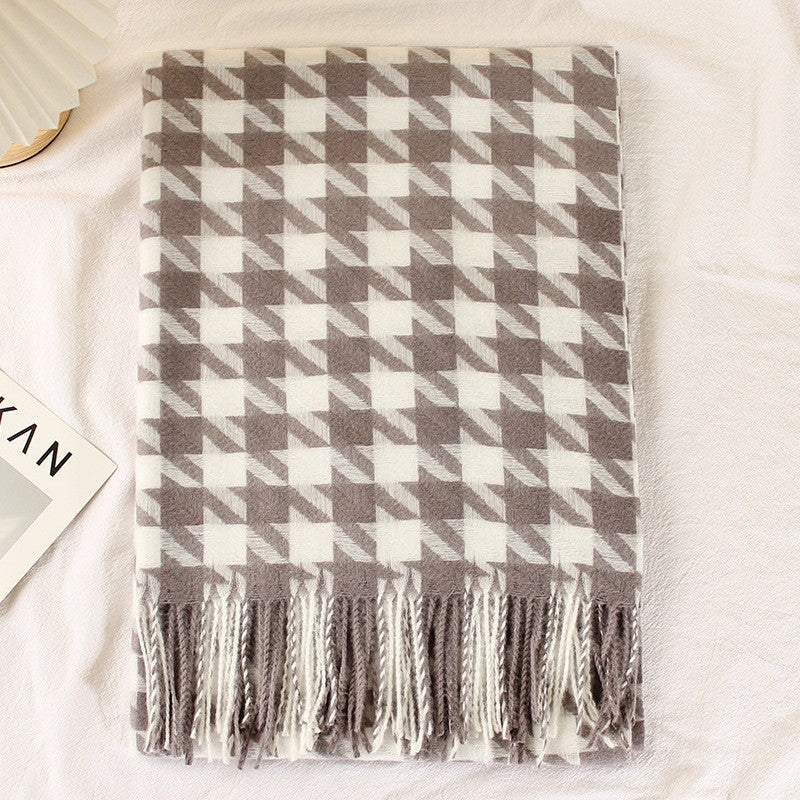 Houndstooth Imitated Cashmere Tassled  Shawl Scarf