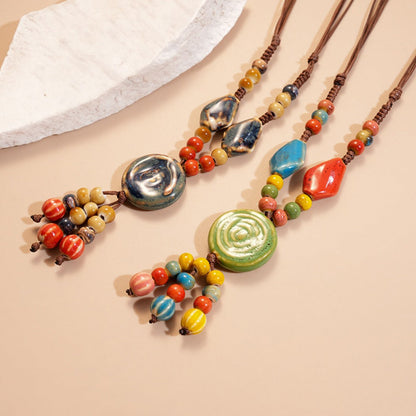 Bauai - Boho Ceramic Bead Fringe Long Necklace - Vintage &amp; Unique