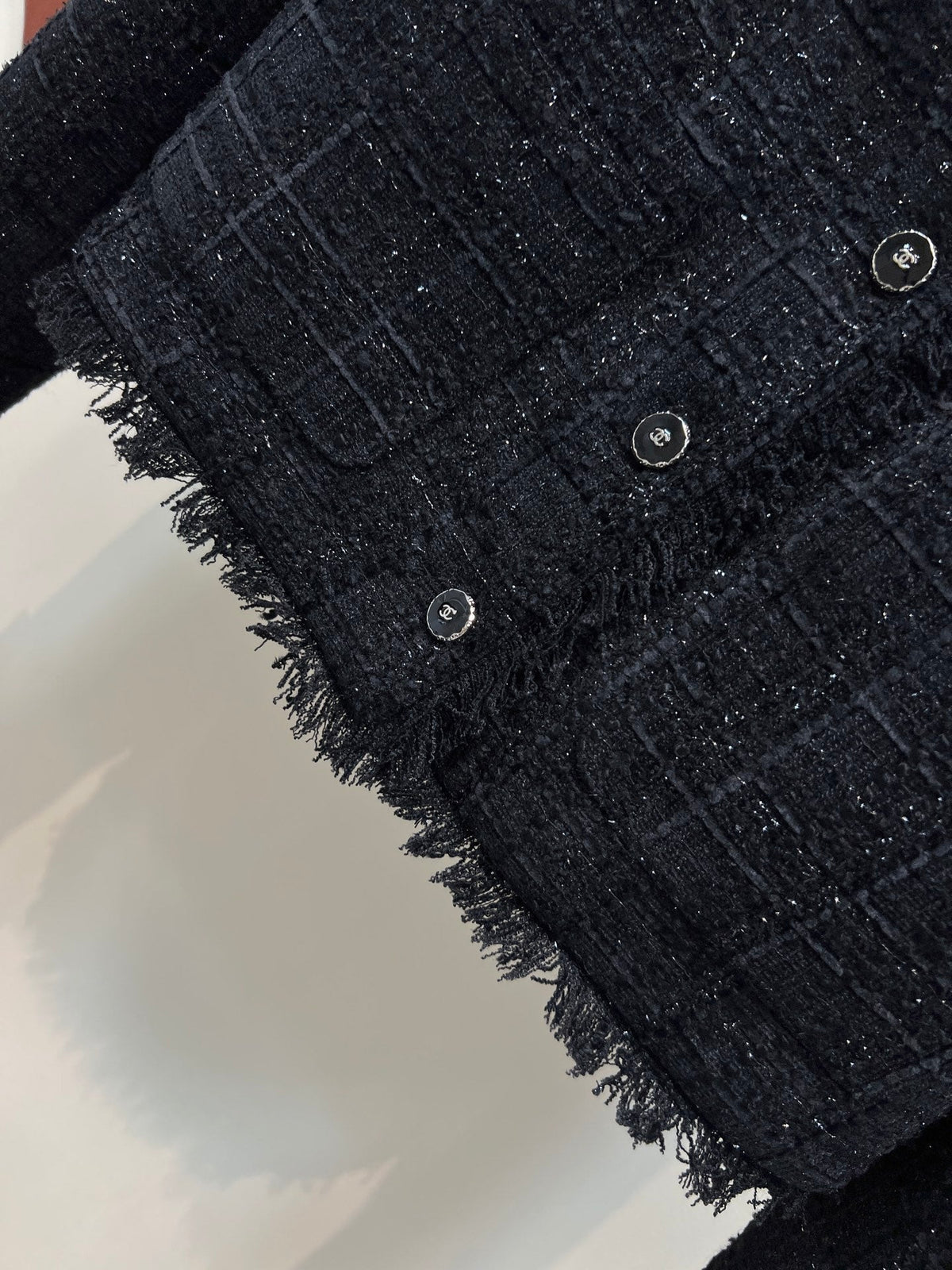 CC 25 Tweed Short Fringed Black Jacket 304699