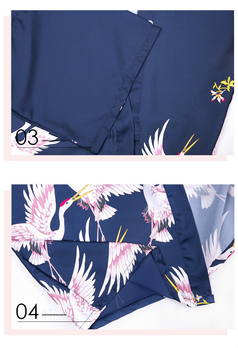 Silk Crane Pajama Girl Summer Mid Sleeve Bride Morning Robe Big Yard Home Robe Bathrobe Color78