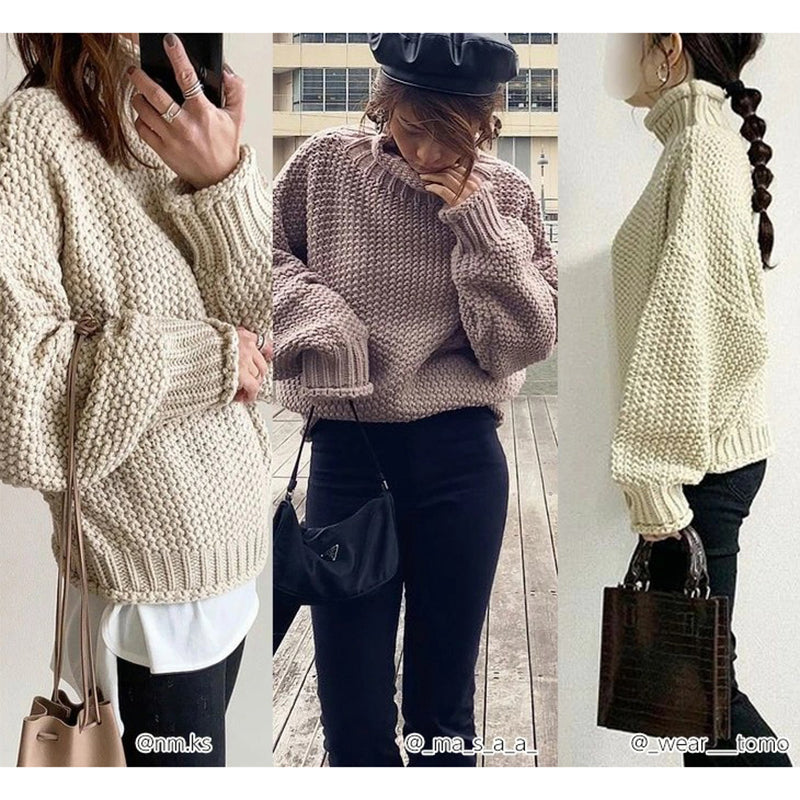 Long Sleeves Loose Solid Color High Neck Knitwear Sweater