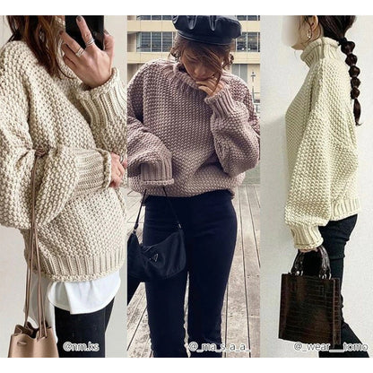 Long Sleeves Loose Solid Color High Neck Knitwear Sweater