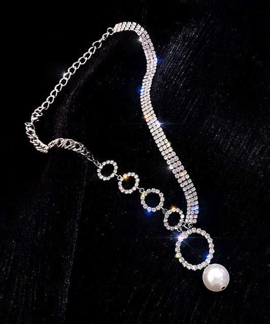 Unique White Alloy Zircon Pearl Tassel Pendant Necklace