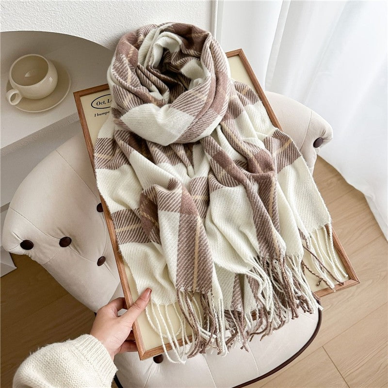 Color Block Plaid Fringe Scarf