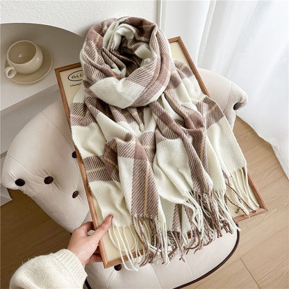 Color Block Plaid Fringe Scarf