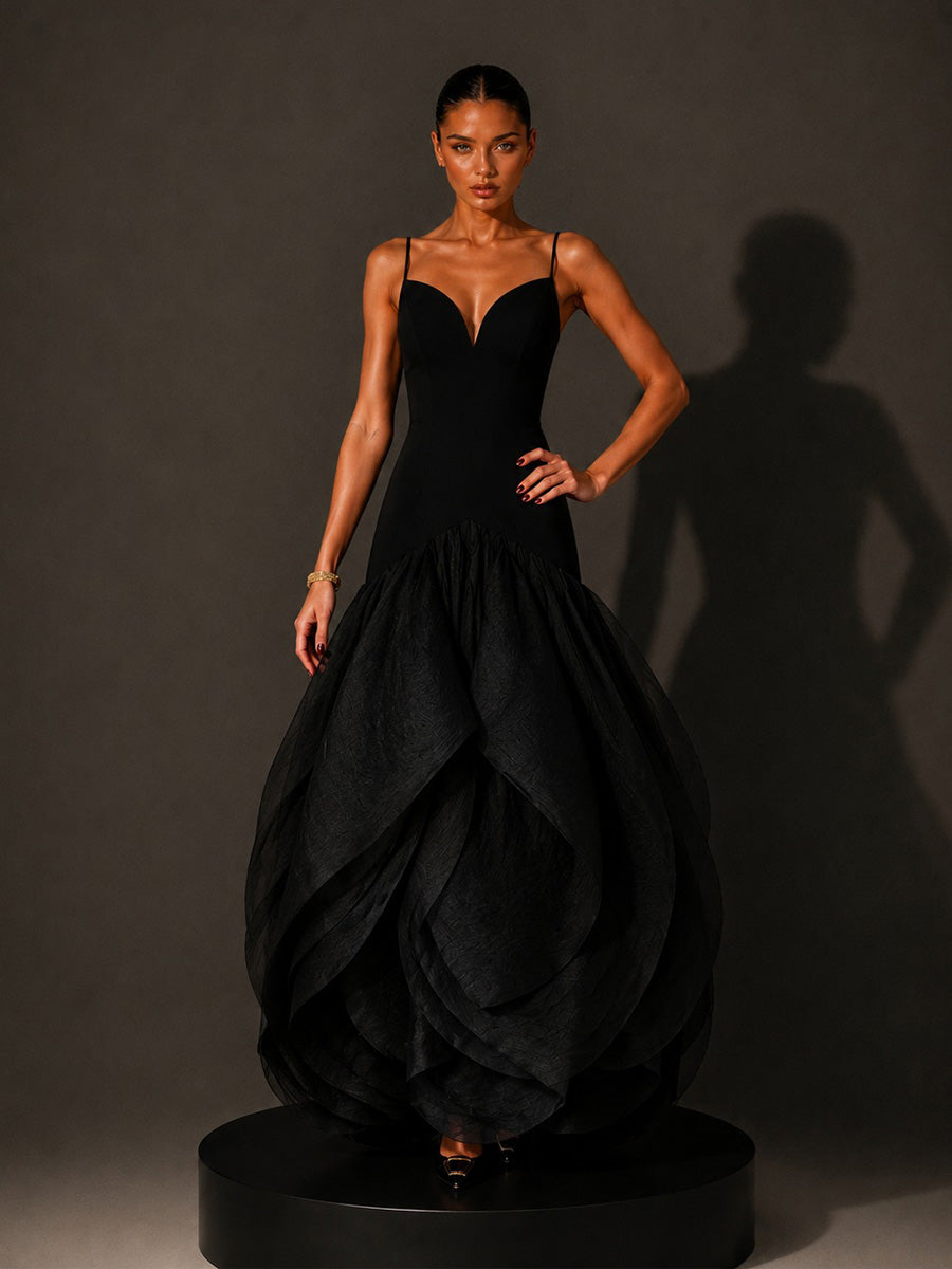 Naomi Petal-Hem Spaghetti-Strap Maxi Dress