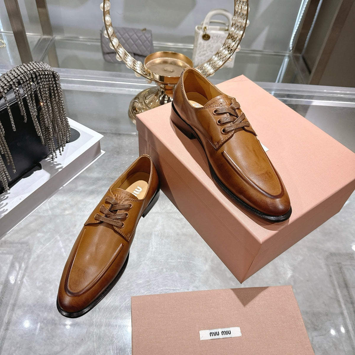 Miu Distressed Loafers Camel Brown Cowhide 592057