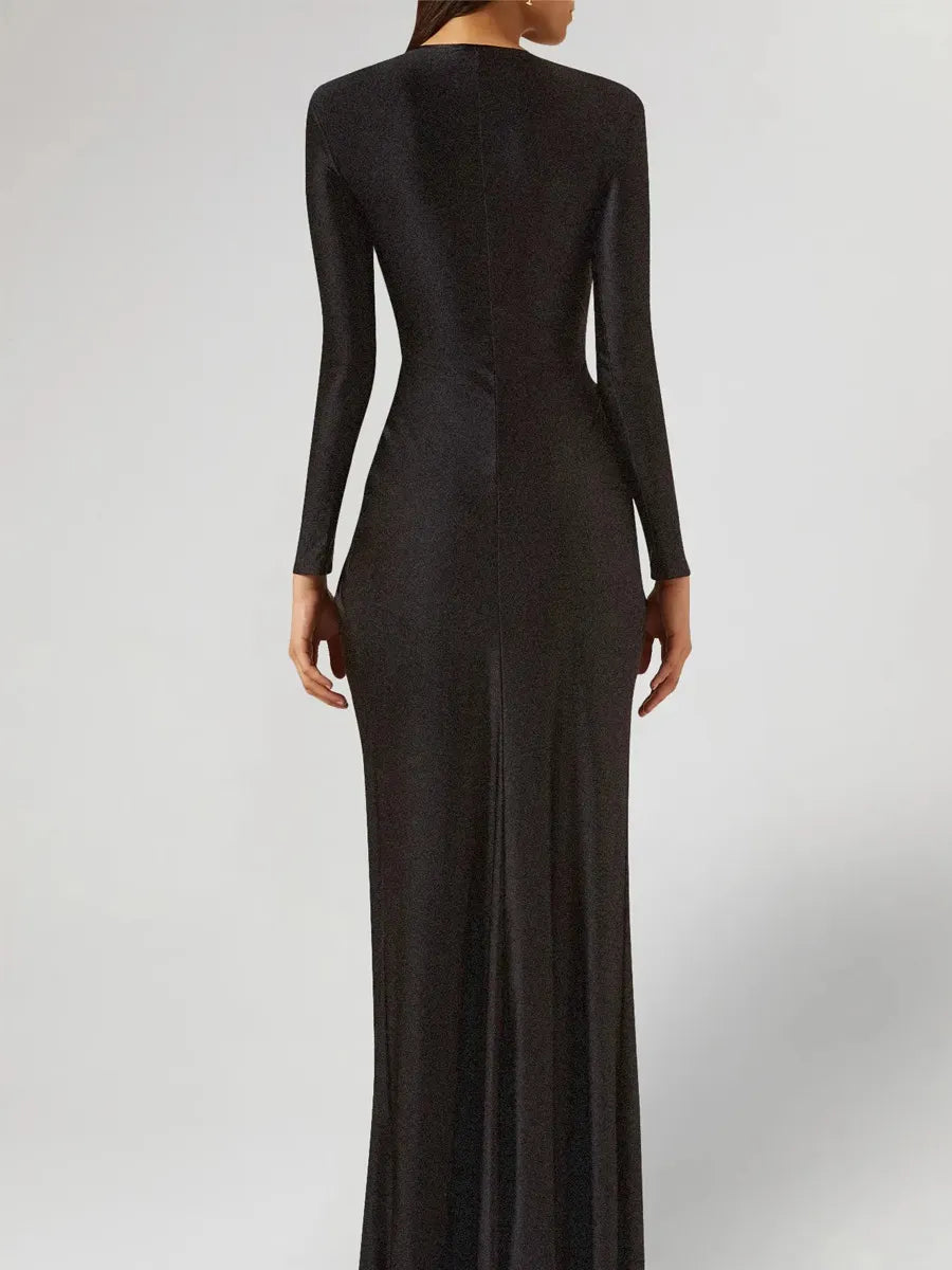 Arya Pearl-Embellished Ruched Maxi Dress with Slit