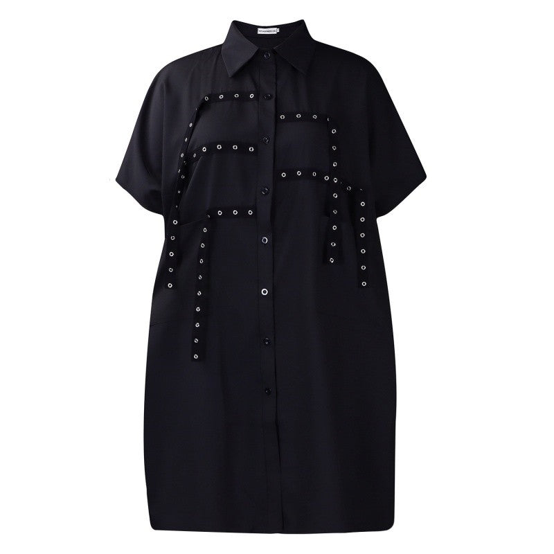Loose Collar Short Sleeve Midi Shirt Dress